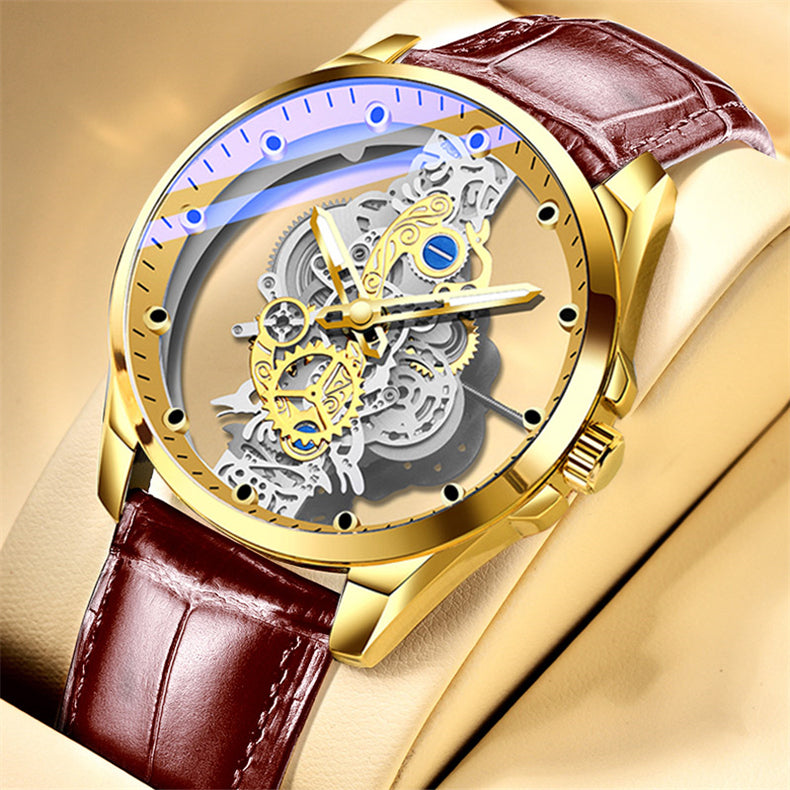 Relógio Mecânico Skeleton - Couro Genuíno Dourado/Marrom